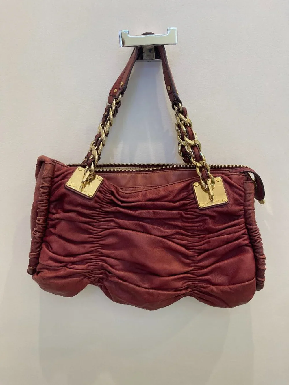 Michael Kors Gathered Leather Chain Shoulder Tote Bordeaux Wine Gold Hardware